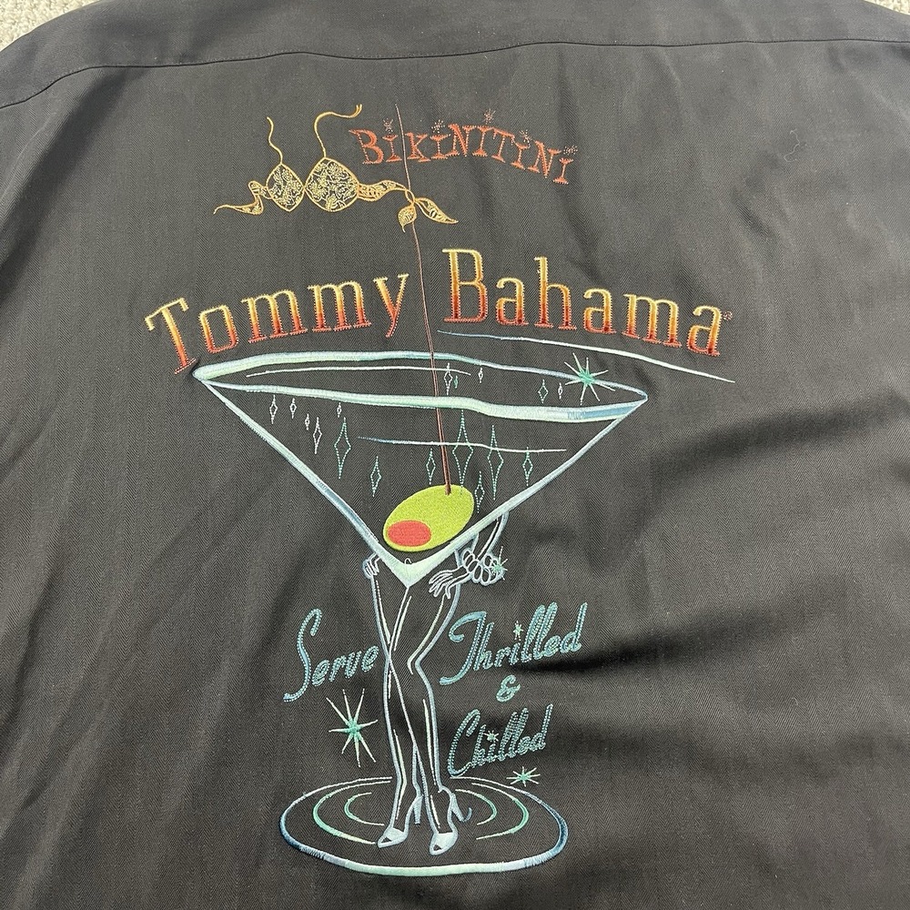 Vintage Tommy Bahama Silk Camp Shirt Mens XL Black Bikinitini Martini Embroidery